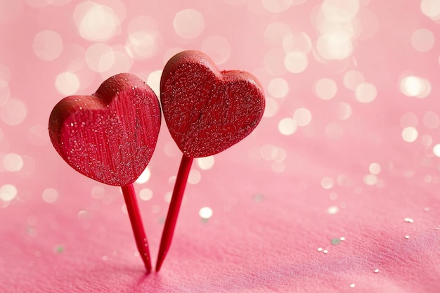 Photo two small hearts with a pink background and a pink background with sparkling sparkles