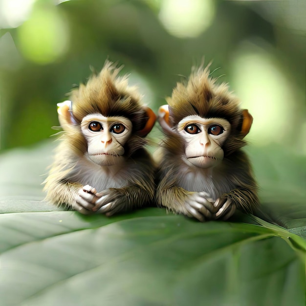 two small monkeys are sitting on a leaf with their hands on their knees