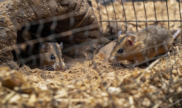 Photo two small mouses in a cage with one eating