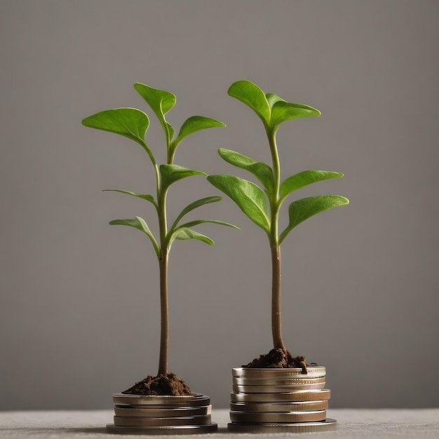 Two small plants are on top of a stack of coins.