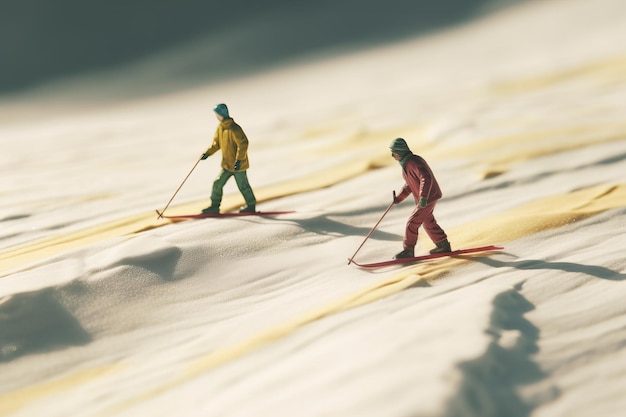 Two small plastic people are skiing on a snow covered surface.