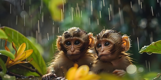 Two small primates find refuge indoors during a rainstorm showcasing resilience Concept Resilience Primates Rainstorm Indoor Refuge