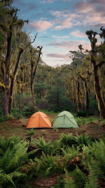 Two small tents occupy a remote wilderness campsite in a densely wooded forest