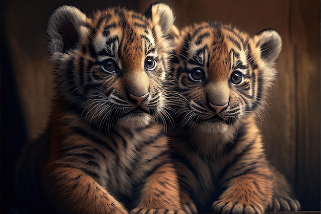 Two small tiger cubs Generative Ai art Wildlife concept