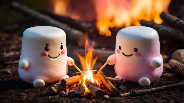 Photo two small white marshmallows sit in front of a fire