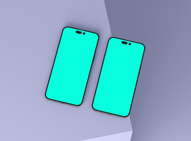 Two smartphones 14 pro max mockup for App and Website UI branding 2 Phones in front and back side 3D render