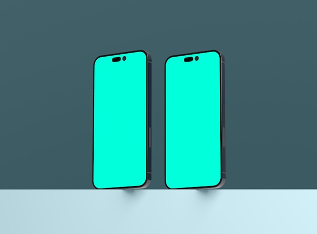 Two smartphones 14 pro max mockup for App and Website UI branding 2 Phones in front and back side 3D render