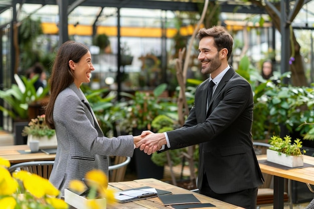 Two smiling business partners handshaking at outdoor office cafe