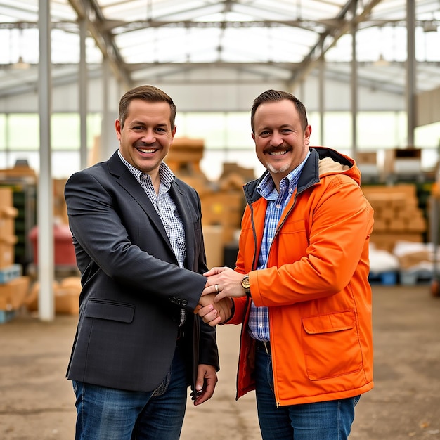 Two smiling businessmen shaking hands while standing in an offic