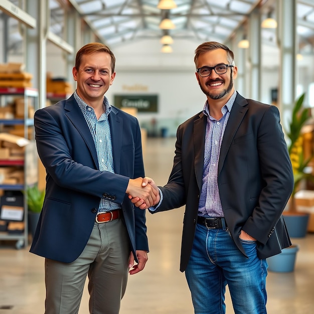 Two smiling businessmen shaking hands while standing in an offic