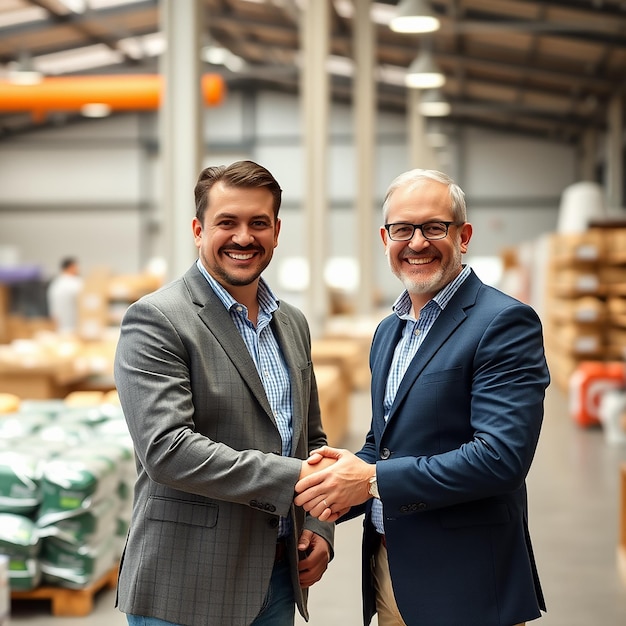 Two smiling businessmen shaking hands while standing in an offic