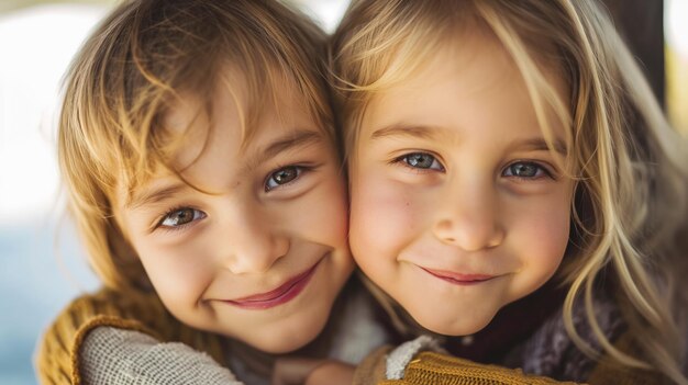 Two smiling children hugging closely