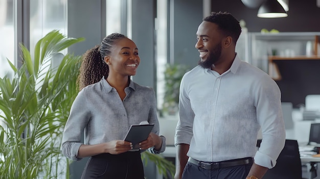 Photo two smiling colleagues discussing work in an office setting