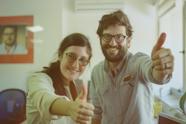 Two smiling colleagues in an office give a thumbsup reflecting positivity and teamwork