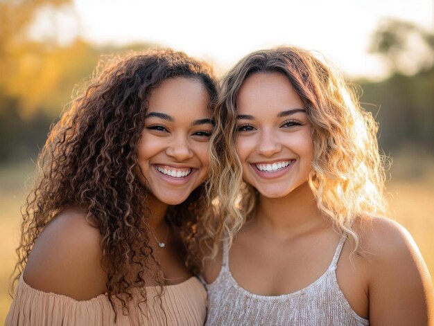 Two Smiling Friends in the Sunset