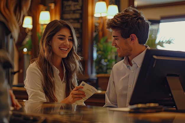 Two smiling guests giving their reservation infomation to hotel