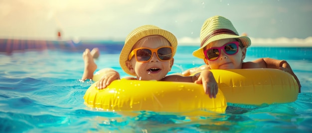 Two smiling kids wearing hats and sunglasses comfortably drift in a sunkissed pool on bright yellow inflatable rings