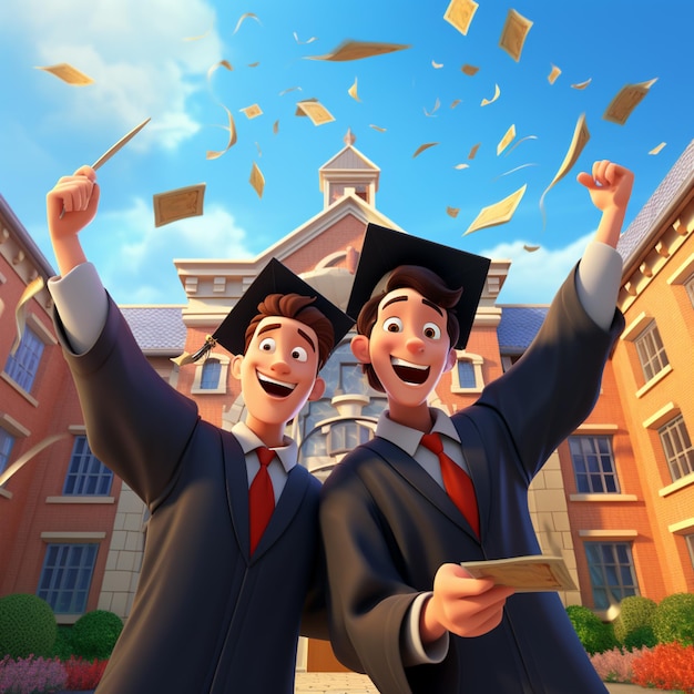 two smiling men in front of a building with the words  graduation  on it