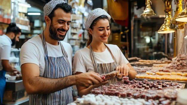 Photo two smiling people working behind a counter in a turkish market