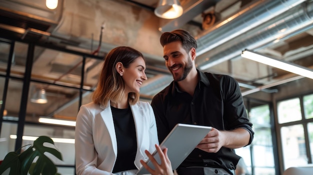 Two smiling professionals are engaged in a discussion one holding a tablet and the other with documents in a modern office environment