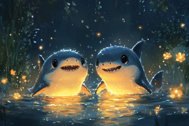 Two Smiling Sharks in a Magical Night