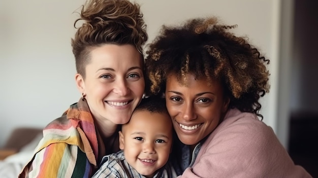 Two smiling women and a baby pose for a photo representing a diverse lesbian couple with children