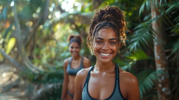 Two Smiling Women in Sportswear Enjoying Outdoor Fitness in Tropical Setting