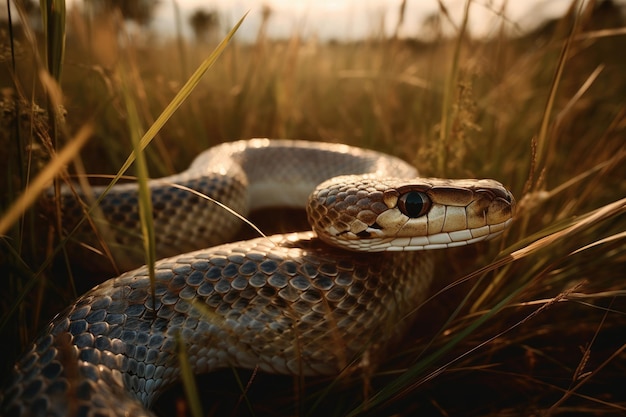 Two Snakes Rest In Field Full Of Tall Grass Of Golden Light Generative AI