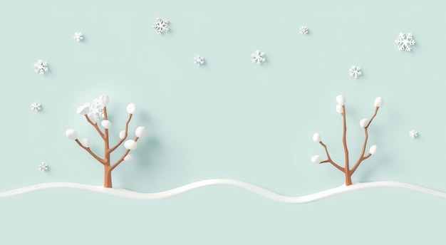 Photo two snowcovered trees with a white snowdrift against a light blue background decorated