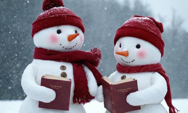 Photo two snowmen are holding books and one has a scarf around their neck