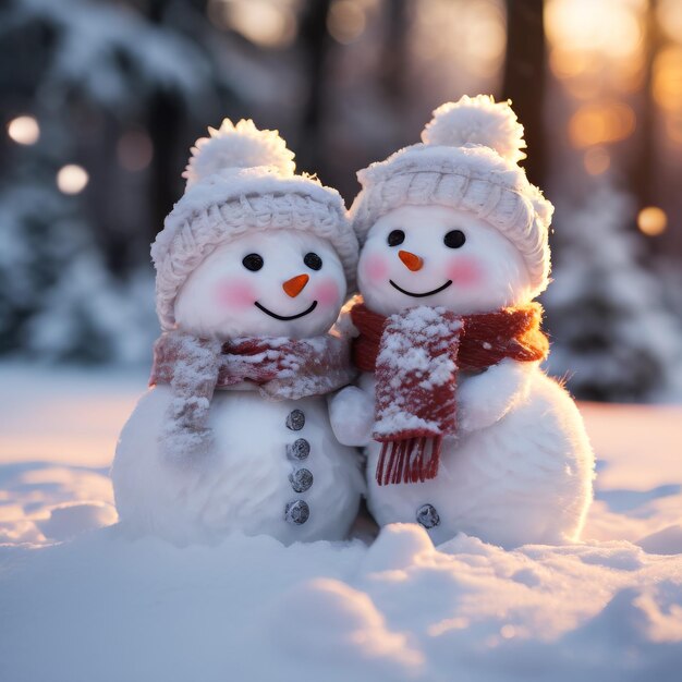 Photo two snowmen are posing in the snow one has a scarf around their neck