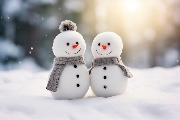 Photo two snowmen are standing in the snow one has a scarf around their neck