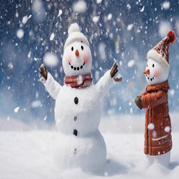 two snowmen are standing in the snow one of them has a scarf around their neck