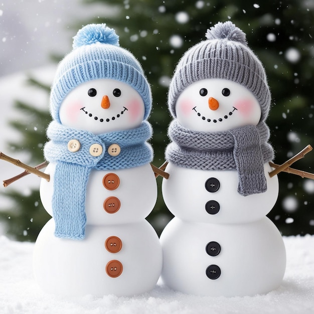 Photo two snowmen are wearing hats one has a blue hat on