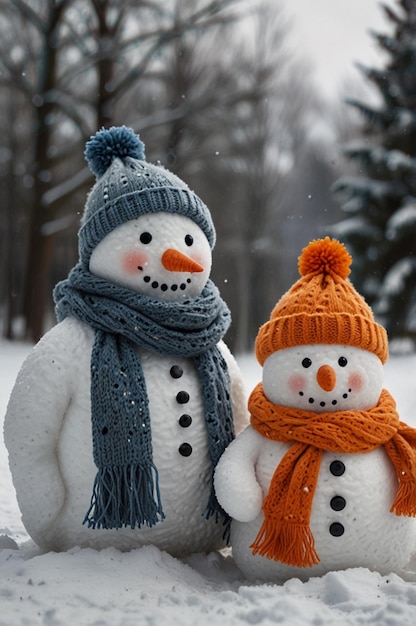 two snowmen are wearing hats one has a blue hat on