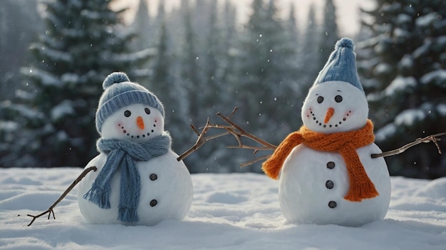 two snowmen are wearing hats one has a blue hat on