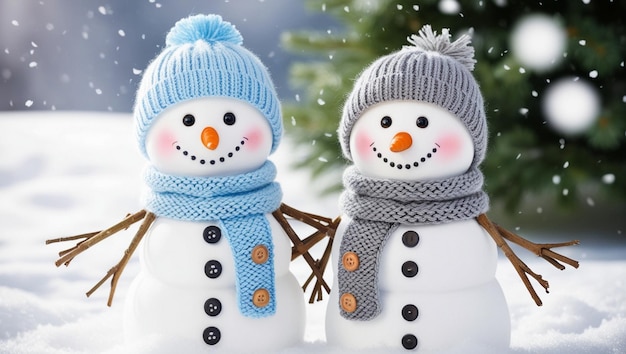 Photo two snowmen are wearing hats one has a blue hat on