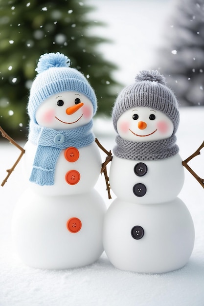 two snowmen are wearing hats one has a blue hat on