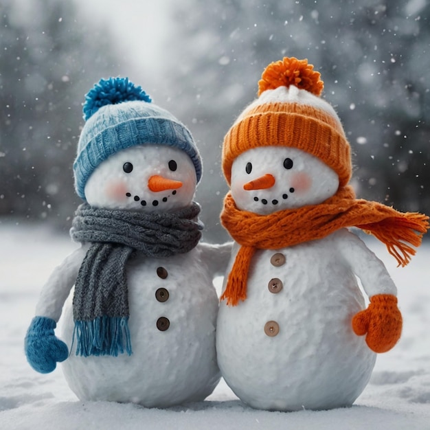 two snowmen are wearing hats one has a blue hat on