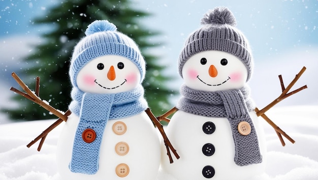 two snowmen are wearing hats one has a blue hat on