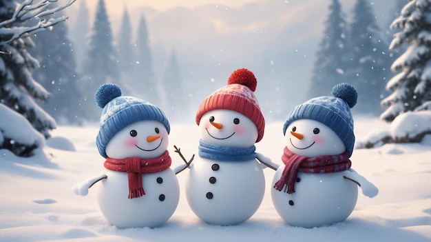 two snowmen are wearing hats one has a blue hat on