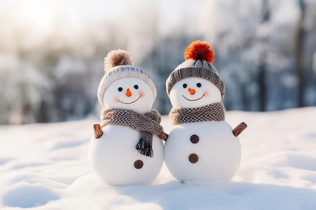 Photo two snowmen are wearing hats and one has a scarf around their neck