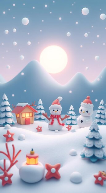 Two snowmen standing in a snowy landscape with a small house and a glowing lantern