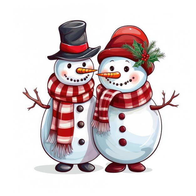 Two Snowmen Standing Together in the Snow