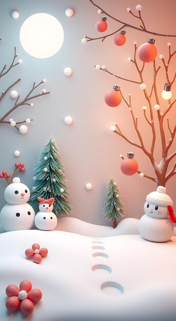 Two snowmen with red hats and Christmas tree in a winter landscape with a big moon