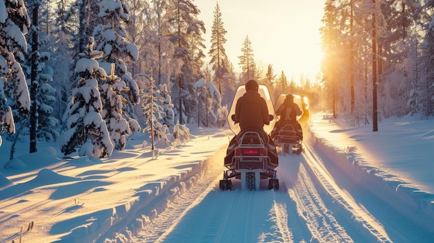 Photo two snowmobilers riding through a snowy forest at sunset