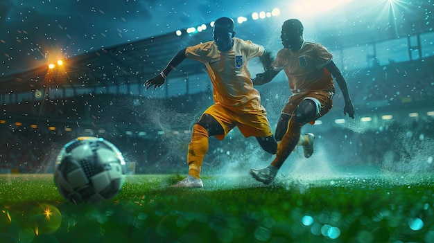 two soccer players are playing soccer in the dark