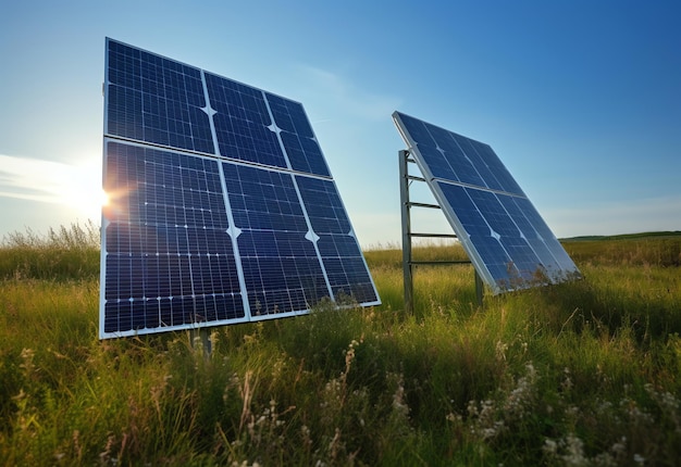 Two solar panels are in a field with the sun shining through them.