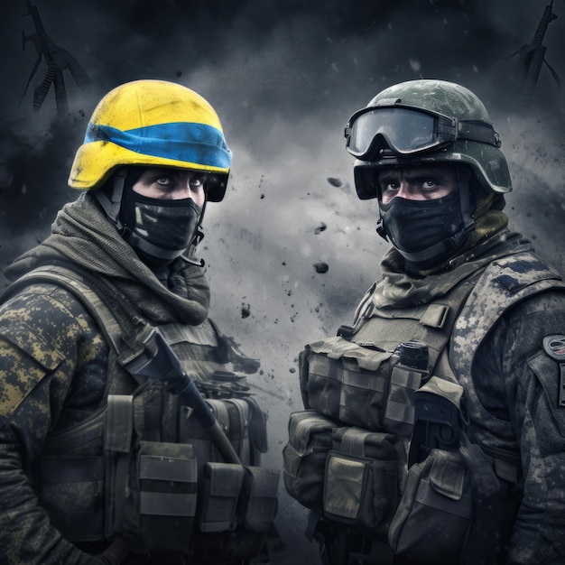 Two soldiers are standing in a dark scene with one wearing a yellow helmet.