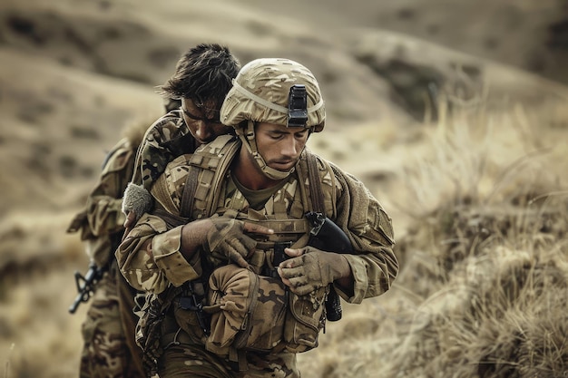 Two soldiers assist a wounded comrade carrying him through a rugged field showcasing bravery and teamwork in combat A soldier carrying a wounded civilian to safety AI generated